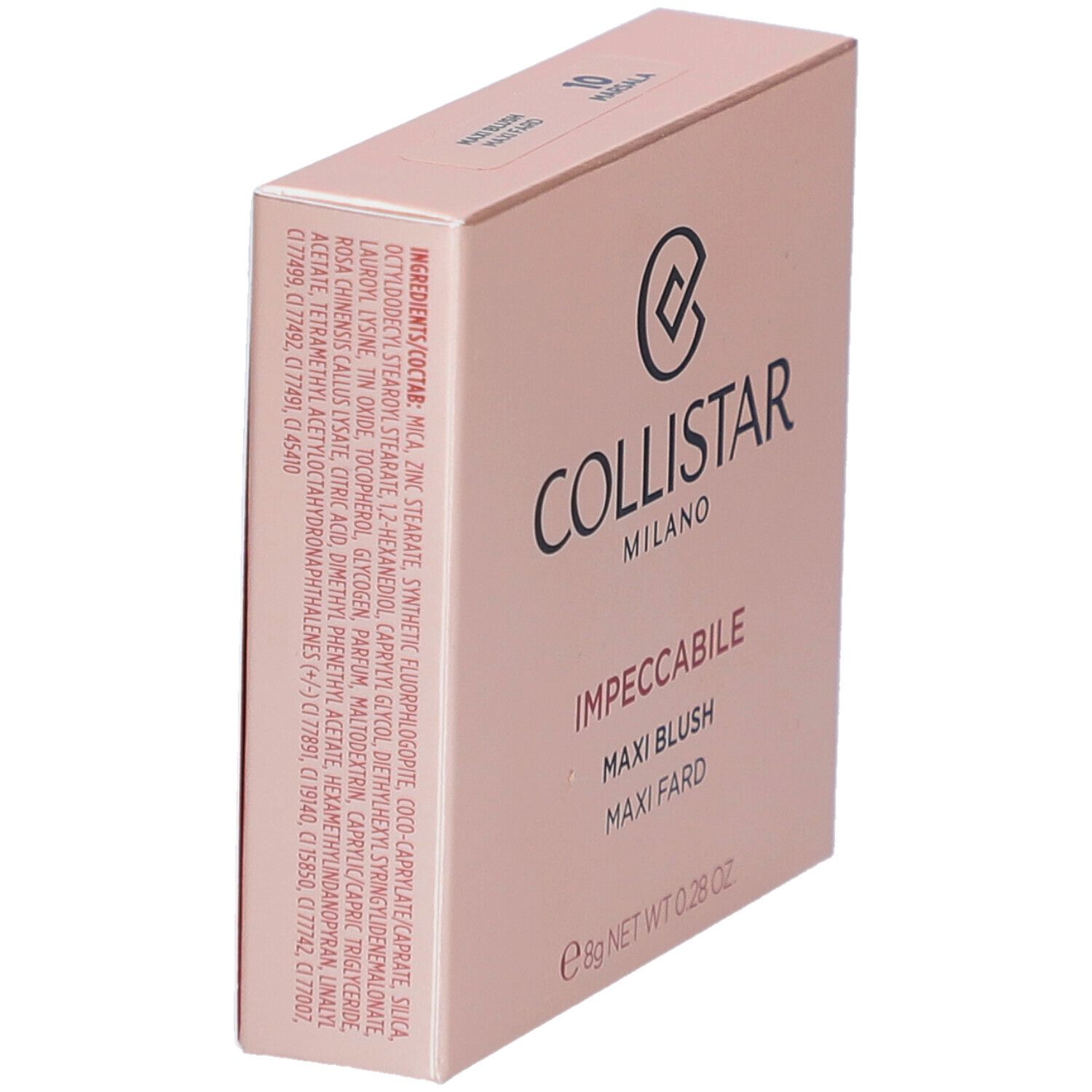 Boîte rose. Marque Collistar, nom du produit Impeccabile Maxi Blush. Ingrédients imprimés.