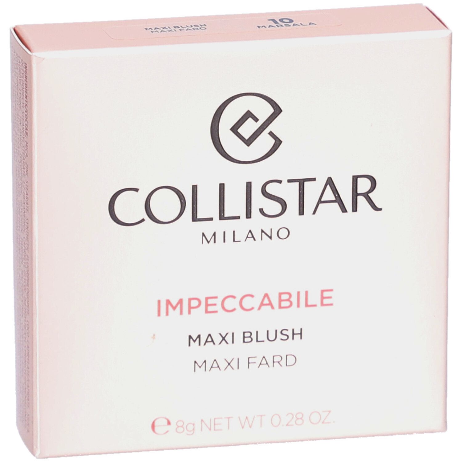 Boîte rose. Marque Collistar, nom du produit Impeccabile Maxi Blush. Poids 8g.