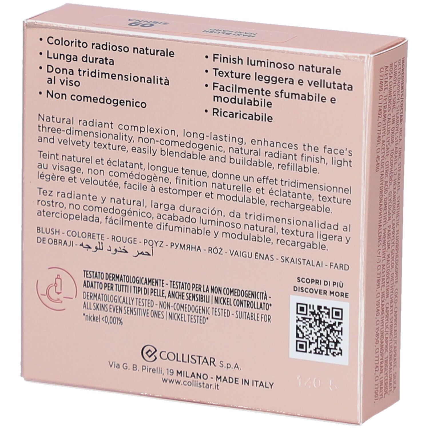 Boîte rose. Marque Collistar Milano. Impeccabile Maxi Blush. Texte descriptif.