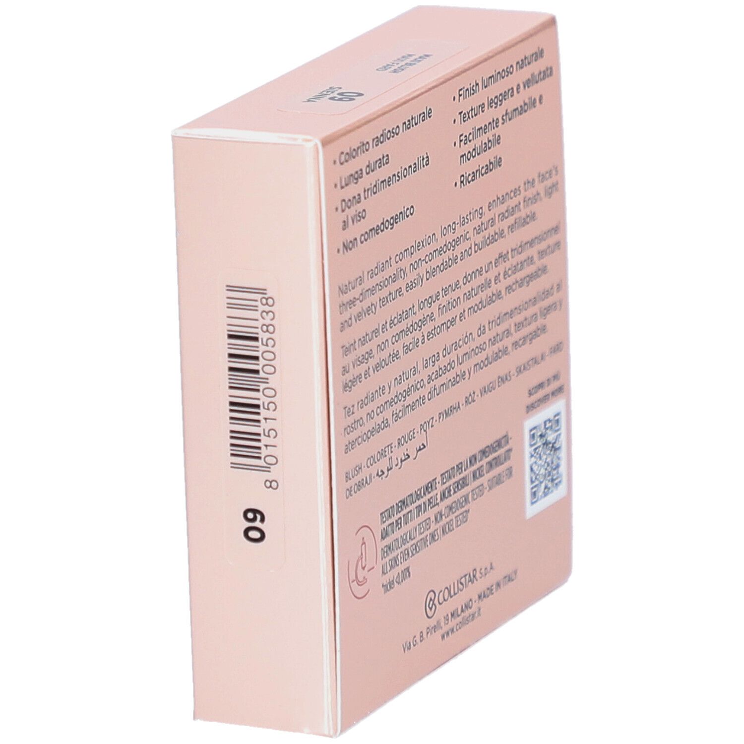 Boîte rose. Marque Collistar Milano. Impeccabile Maxi Blush. Texte descriptif.