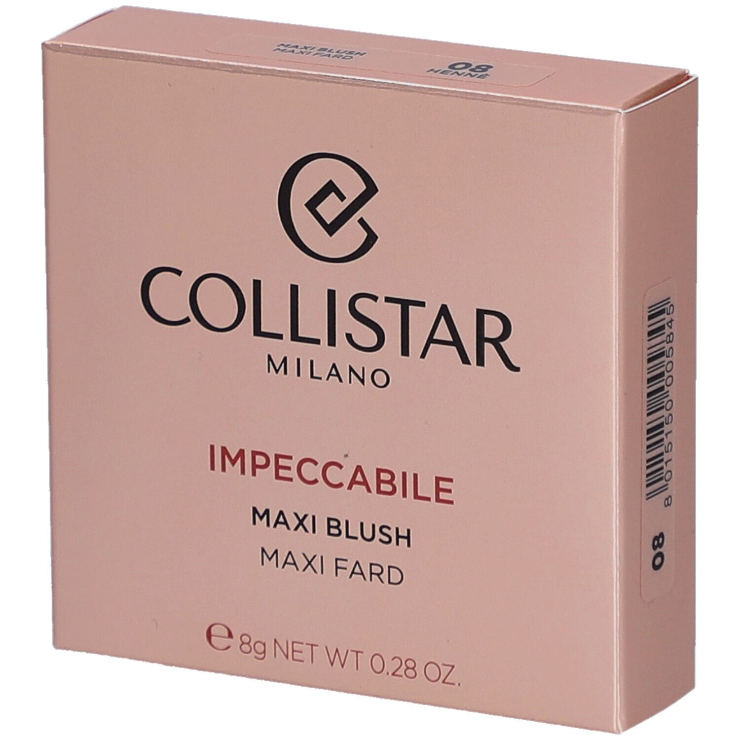 Boîte de blush rose. Logo et nom du produit. Contient 8g.