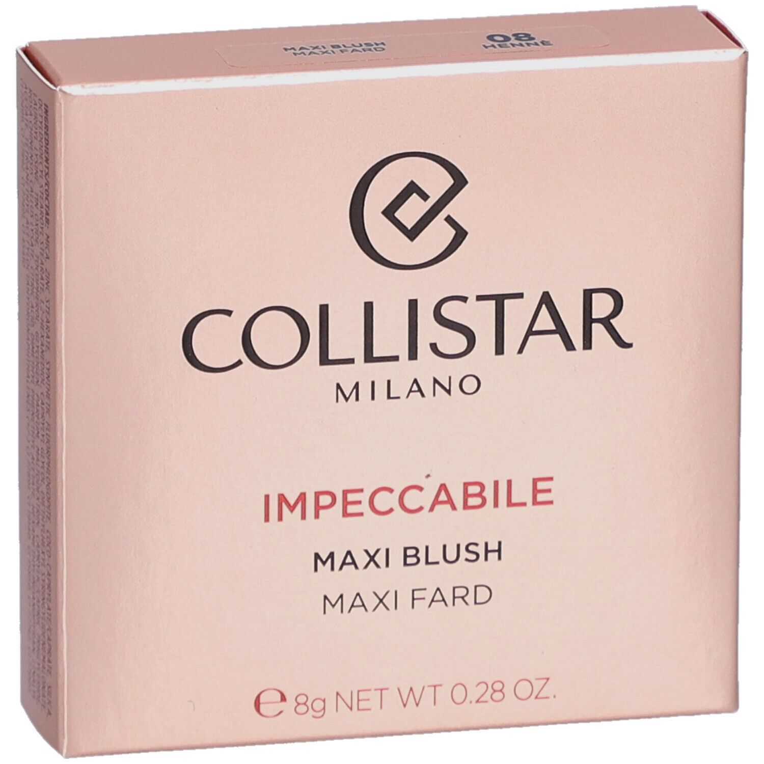 Boîte de blush rose. Logo et nom du produit. Contient 8g.