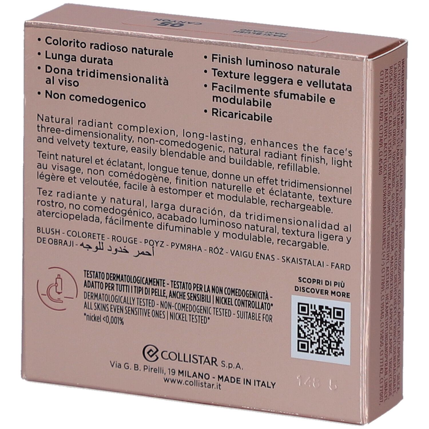 Dos de la boîte de blush. Ingrédients, caractéristiques et certifications. Marque Collistar.