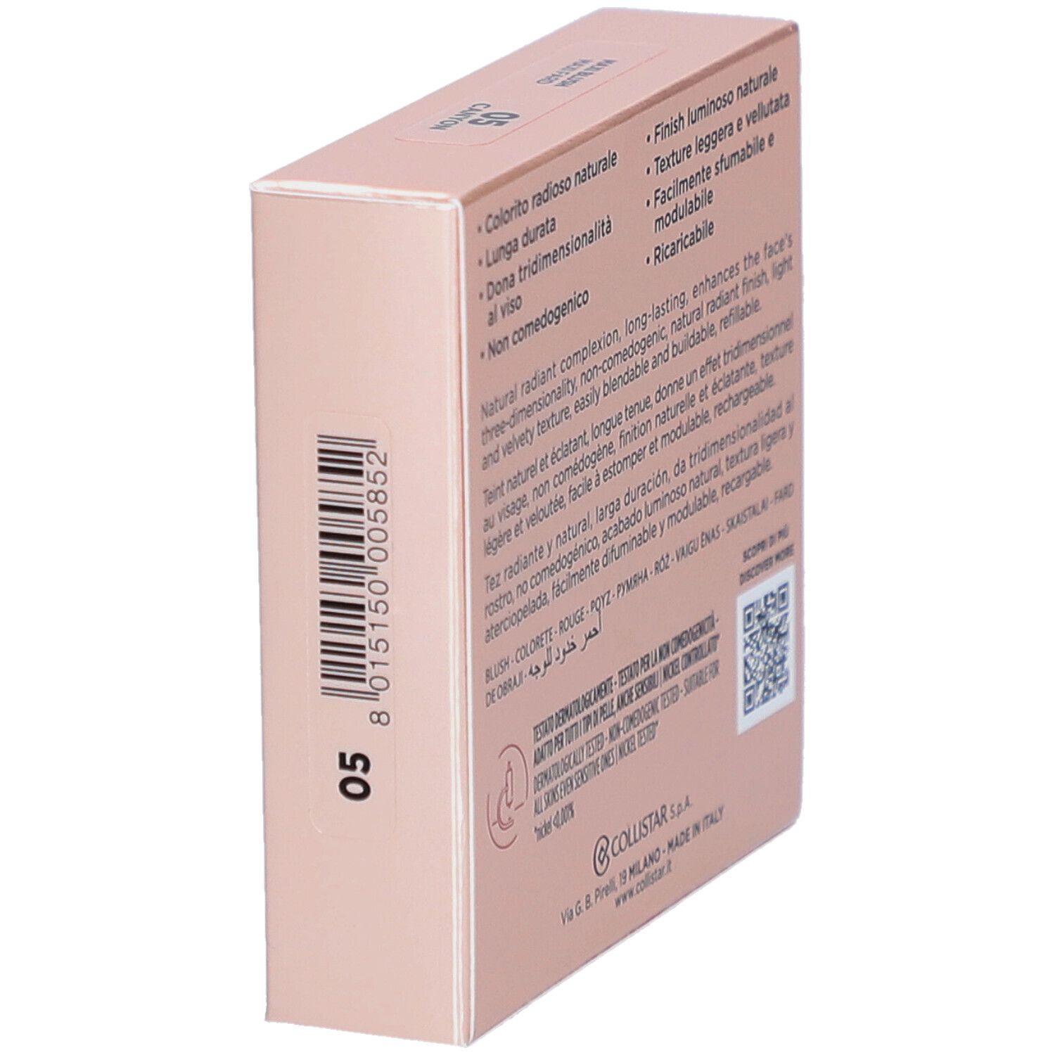 Boîte de blush Collistar Impeccabile Maxi Blush 05 Canyon. Emballage rose avec logo et détails.