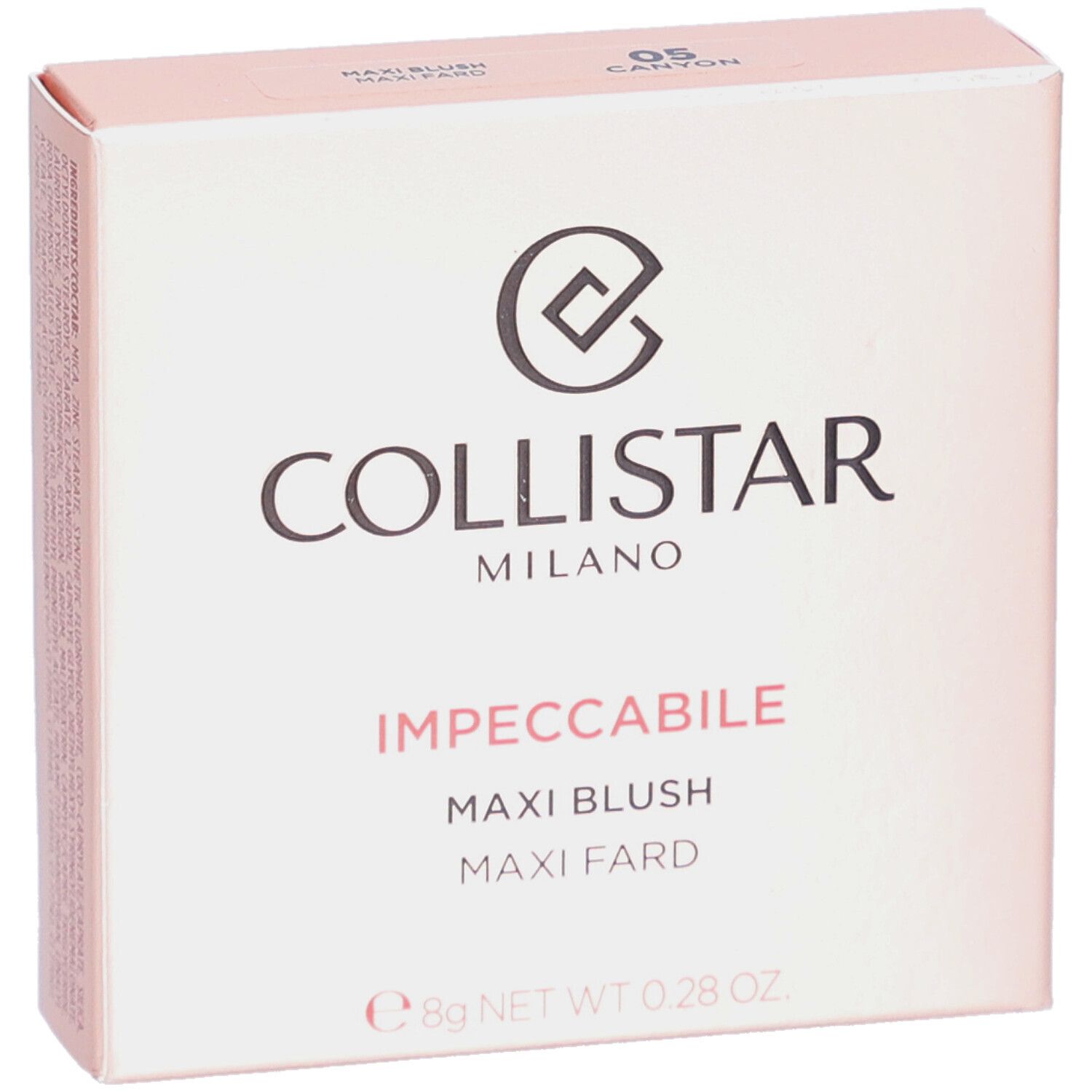 Boîte de blush Collistar Impeccabile Maxi Blush. Emballage rose avec logo et texte.