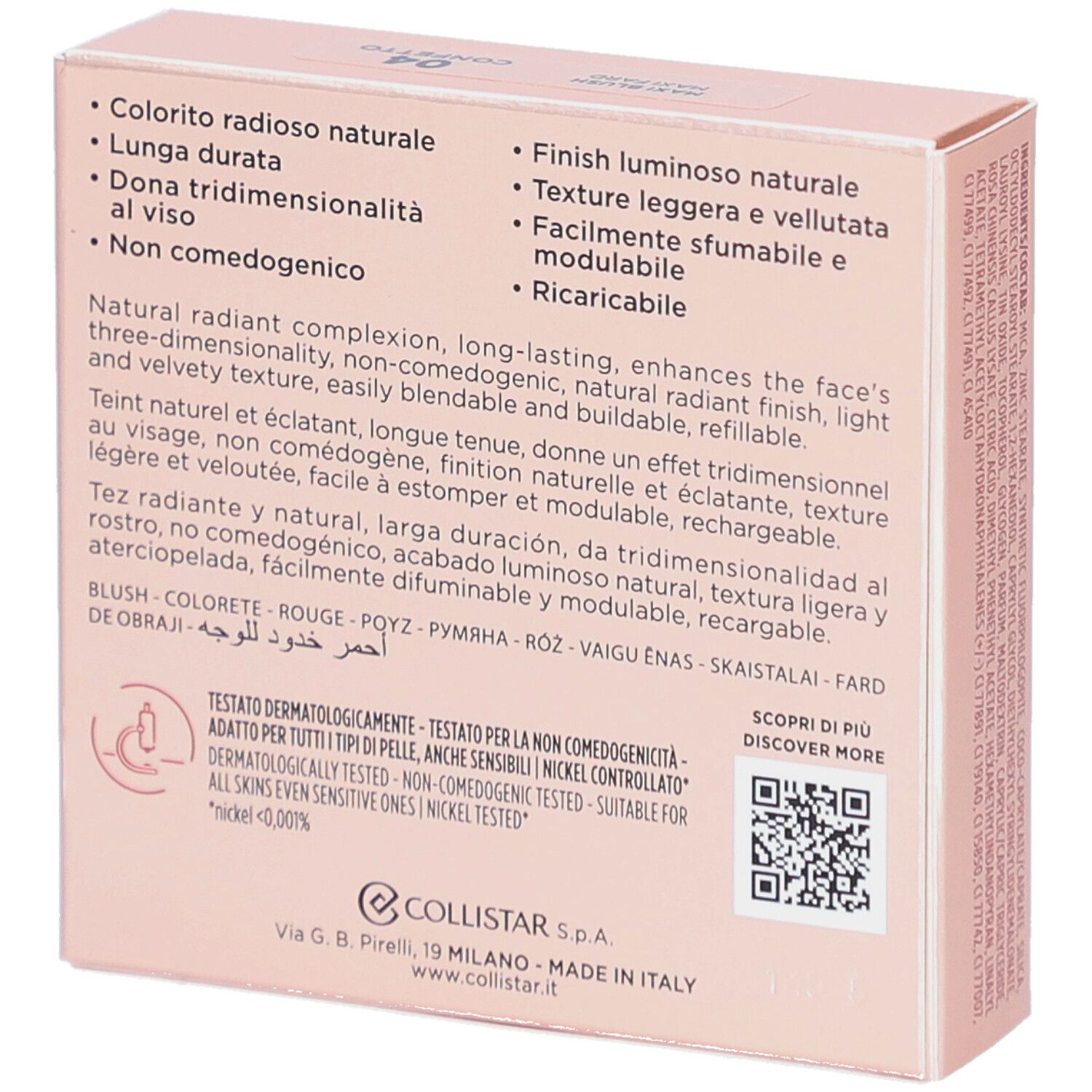 Boîte rose. Logo et texte COLLISTAR MILANO. Nom du produit : IMPPECCABILE MAXI BLUSH. Texte multilingue.