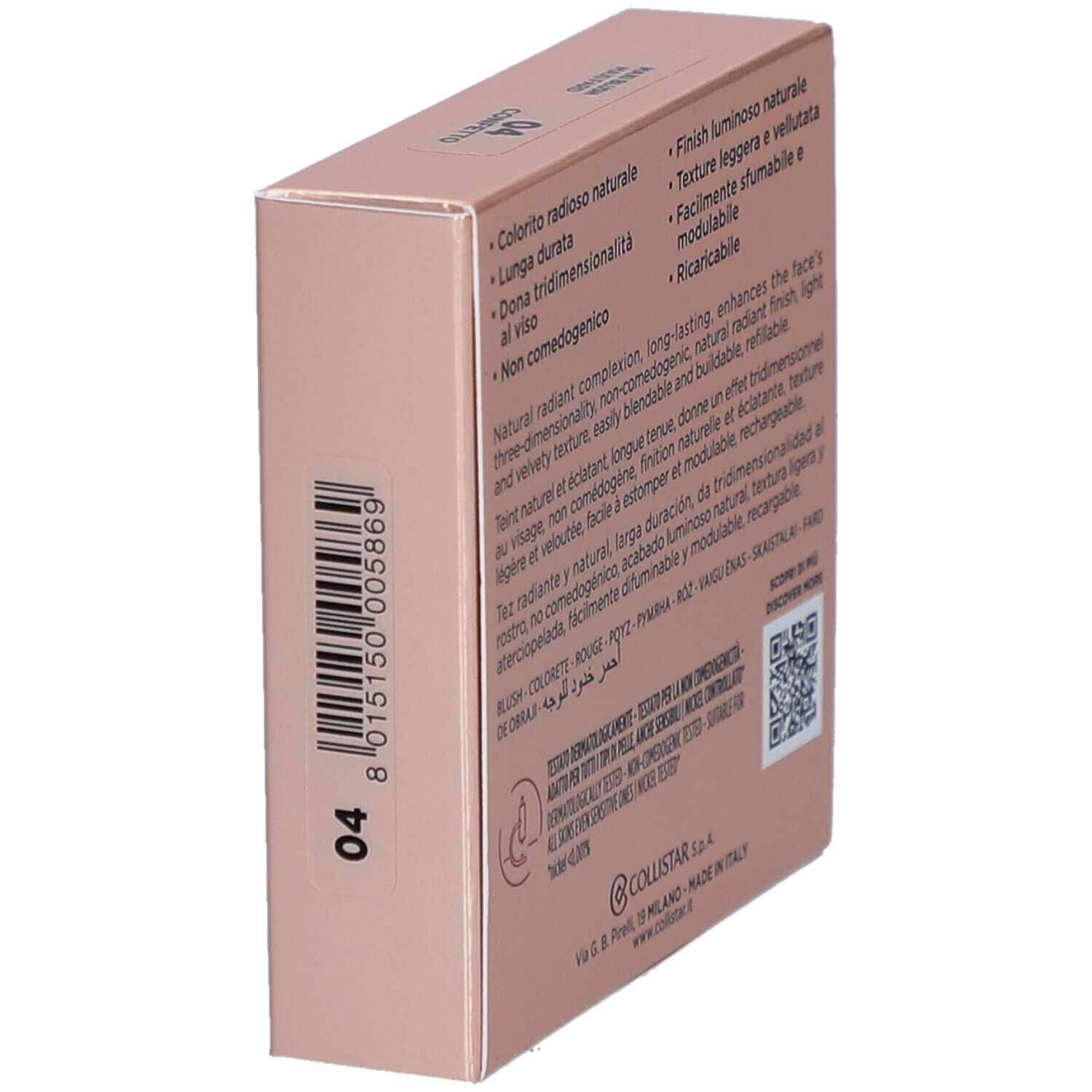 Boîte rose. Logo et texte COLLISTAR MILANO. Nom du produit : IMPPECCABILE MAXI BLUSH. Teinte 04.