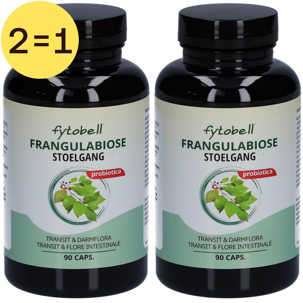Deux flacons de Frangulabiose, 90 capsules, avec inscriptions 'Stoelgang' et 'Probiotica'. Étiquette jaune 2=1.