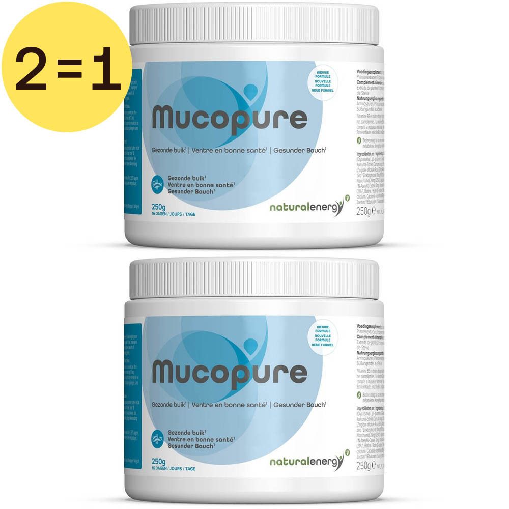 Deux pots blancs de Mucopure. Inscription : Ventre en bonne santé, Gesunder Bauch, Gesunde buik. Marque : naturalenergy. 2 pour 1.