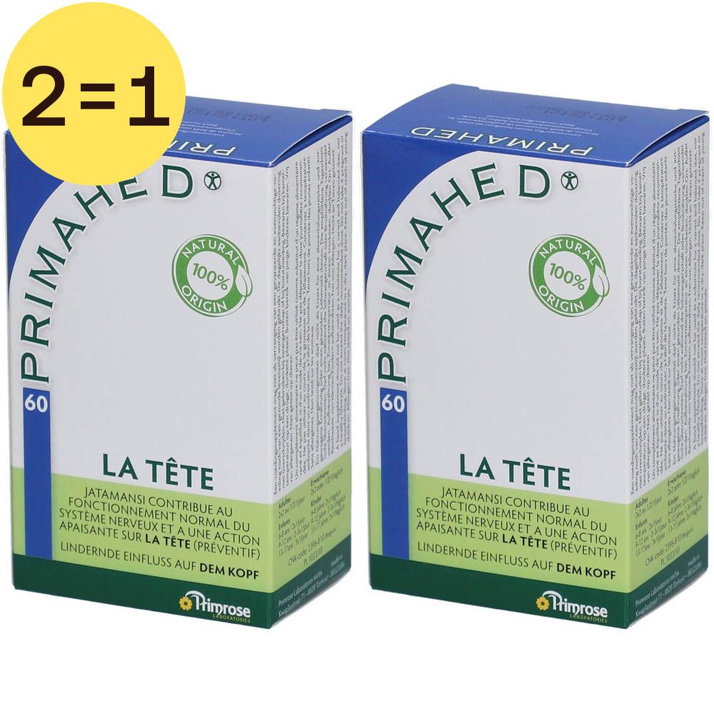 Deux boîtes de Primahed 2 pour 1. Inscription : Primahed, 60, La Tête, Natural Origin. Cercle jaune avec 2=1.