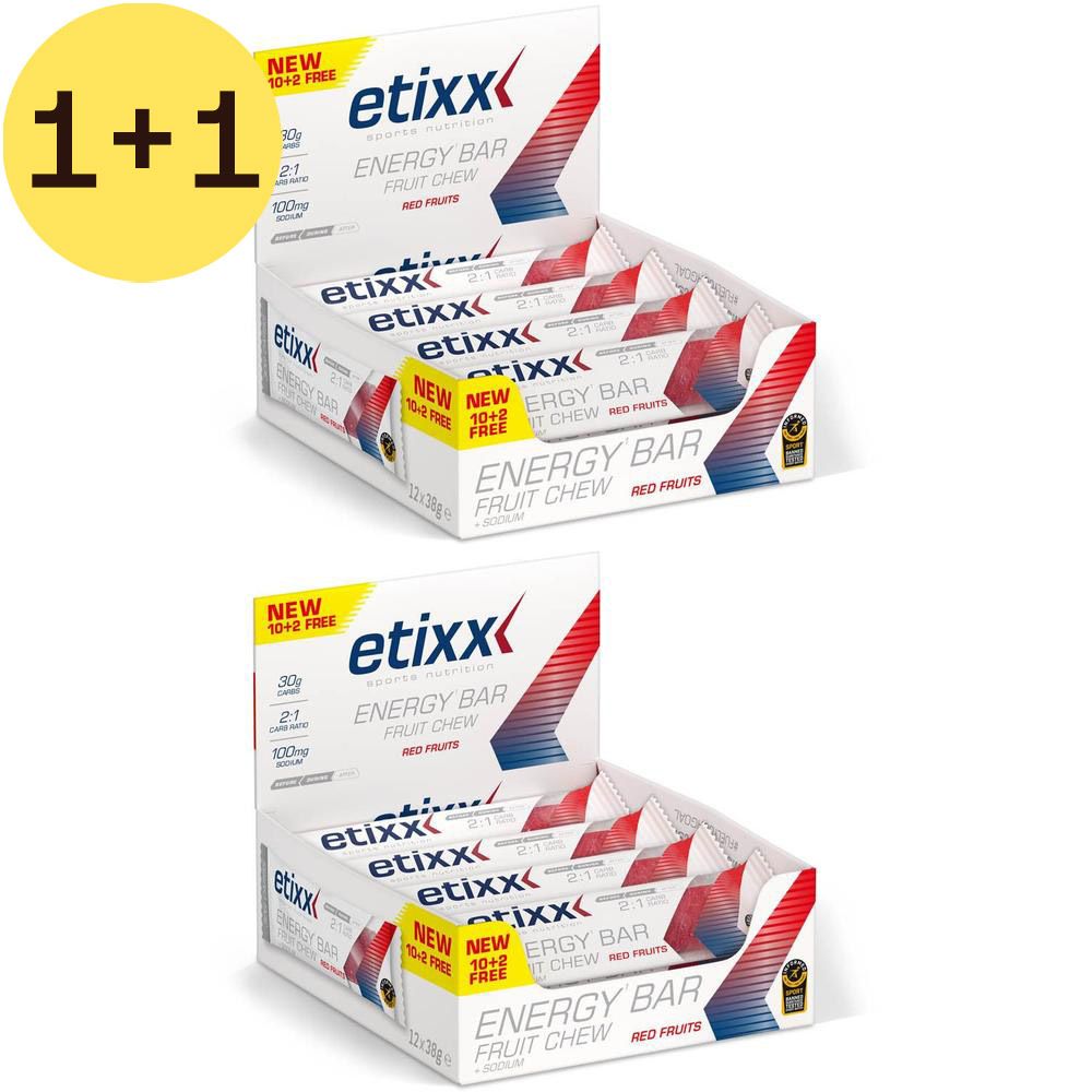Deux boîtes Etixx Energy Bar, chewing-gum aux fruits, fruits rouges. Inscription : 2=1. Inscription : New 10+2 gratuit.