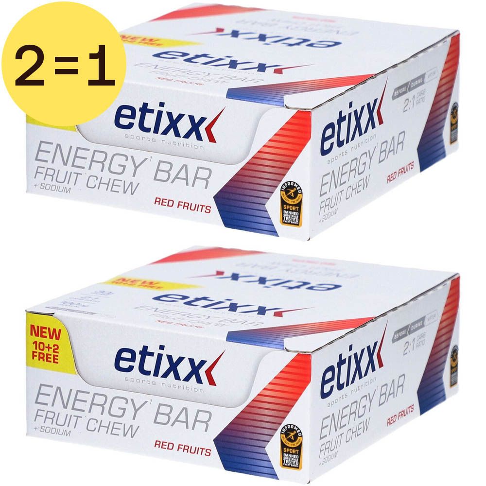 Deux boîtes Etixx Energy Bar, chewing-gum aux fruits, fruits rouges. Inscription : 2=1. Inscription : New 10+2 gratuit.