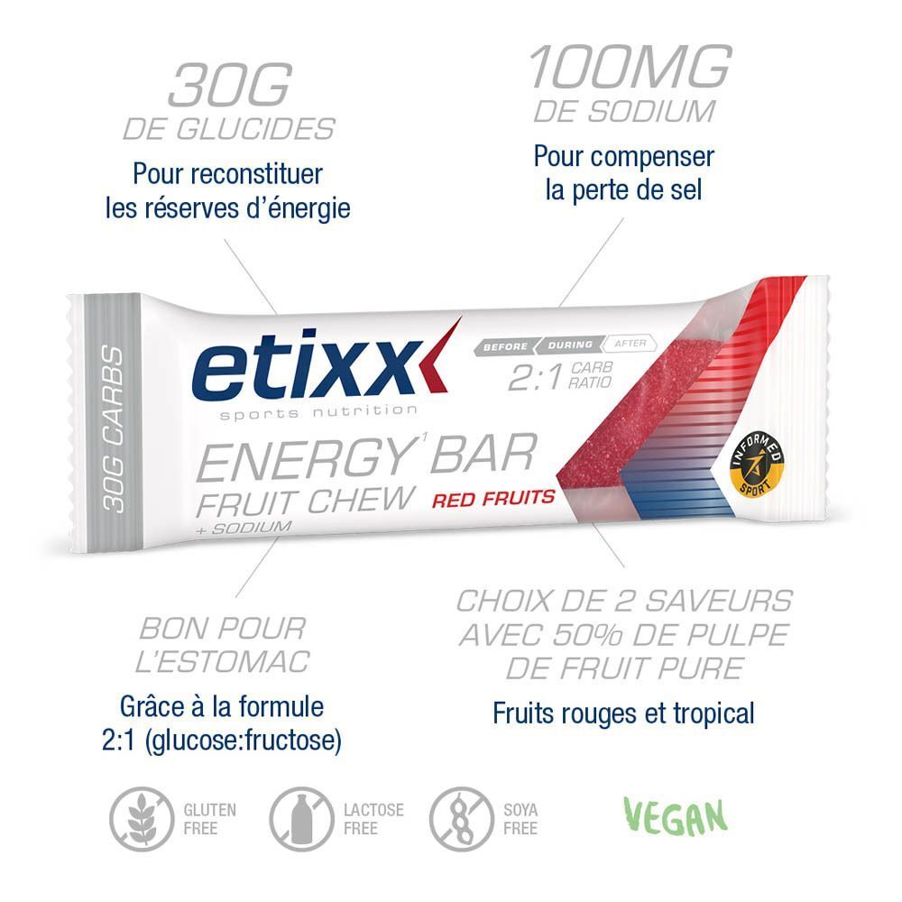 Etixx Energy Bar, chewing-gum aux fruits, fruits rouges. Barre individuelle avec informations nutritionnelles. Inscription : 30g glucides, 100mg sodium.