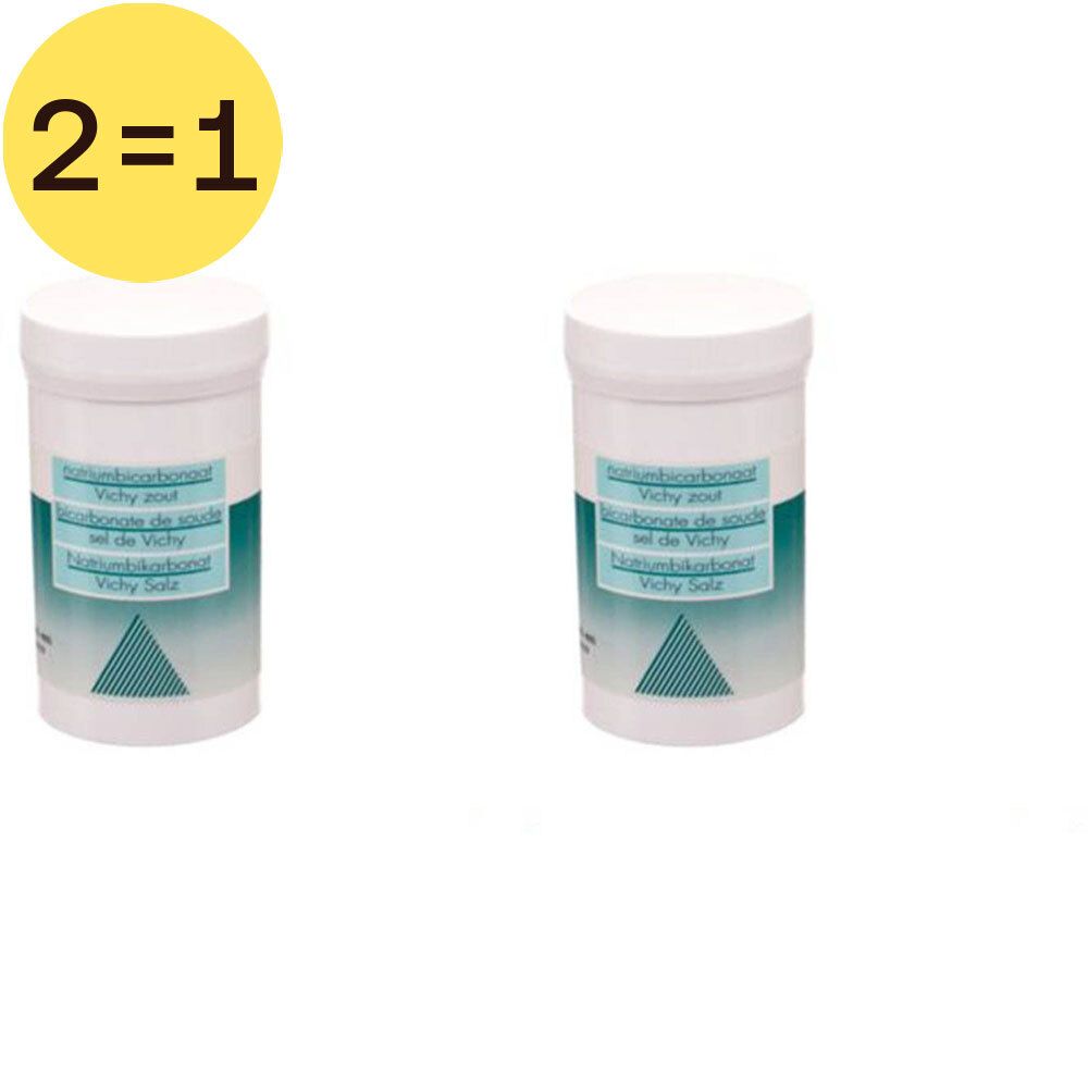 Deux pots blancs avec étiquette. Inscription : Natriumbicarbonaat, Vichy zout, Bicarbonate de soude, Sel de Vichy, Natriumbikarbonat, Vichy Salz. Symbole jaune 2=1.
