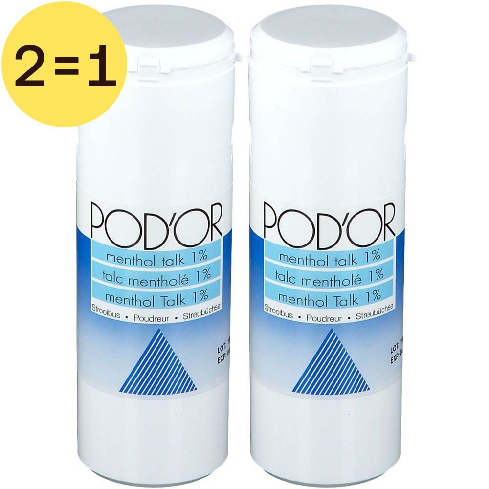Deux flacons de poudre de talc blancs avec étiquettes bleues et blanches. Inscription : Pod'or, Menthol Talk 1%. Étiquette jaune 2=1.