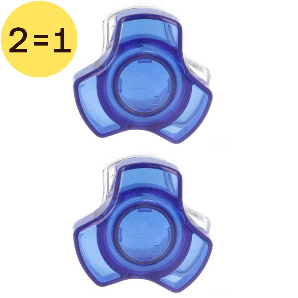 Deux broyeurs de pilules bleus, vue de dessus. Base transparente. Cercle jaune "2=1".