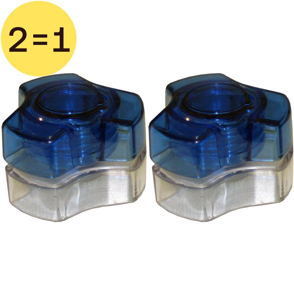 Deux broyeurs de pilules bleus transparents. Cercle jaune avec "2=1" en haut.