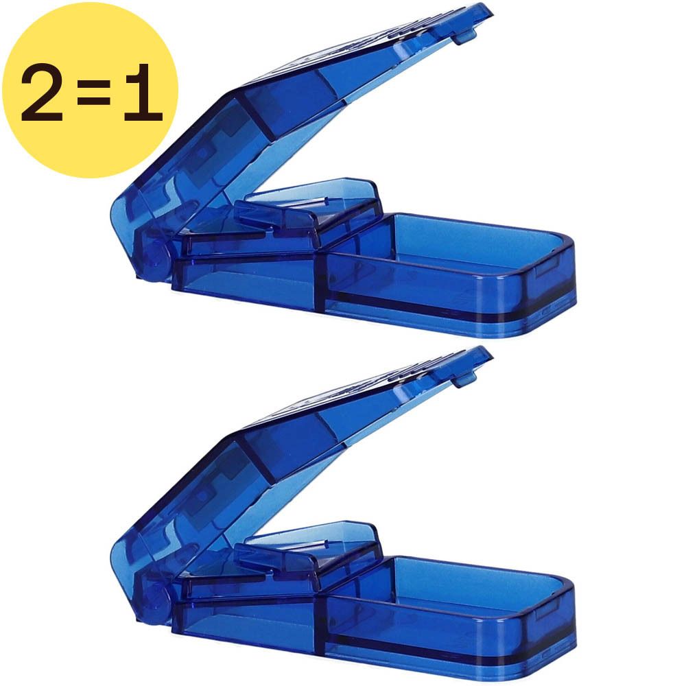 Deux coupe-comprimés bleus. Cercle jaune avec "2=1".