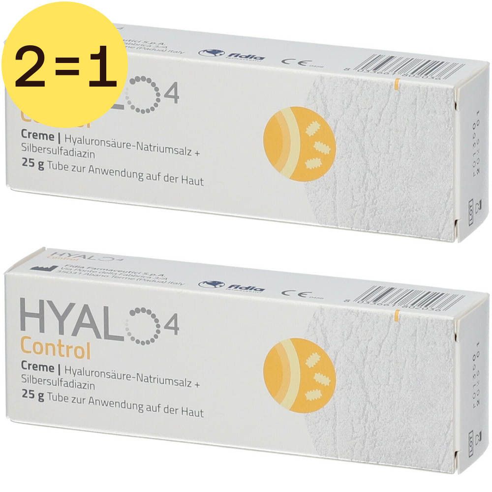 Deux boîtes blanches avec informations produit. Marque jaune avec "2=1". Imprimé: HYAL 4 Control Crème. Contient Hyaluronsäure-Natriumsalz.
