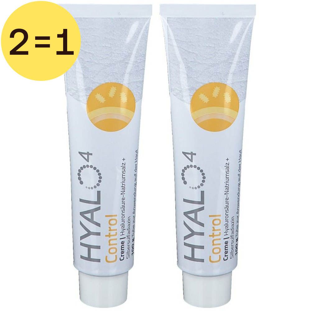 Deux tubes de crème HYALO4 Control, blancs, avec logo et texte jaunes. Label promotionnel jaune 2=1.