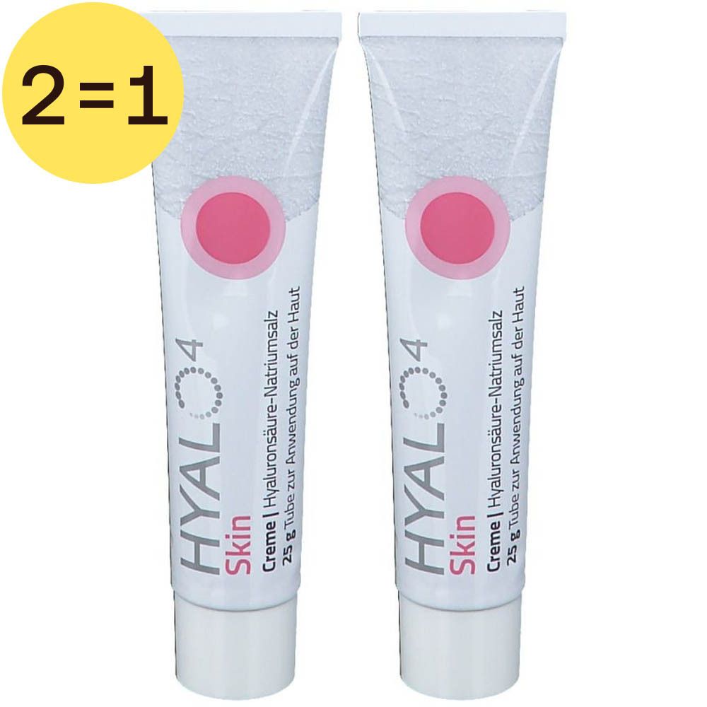 Deux tubes de crème HYALO4 Skin. Un cercle jaune affiche 2=1.