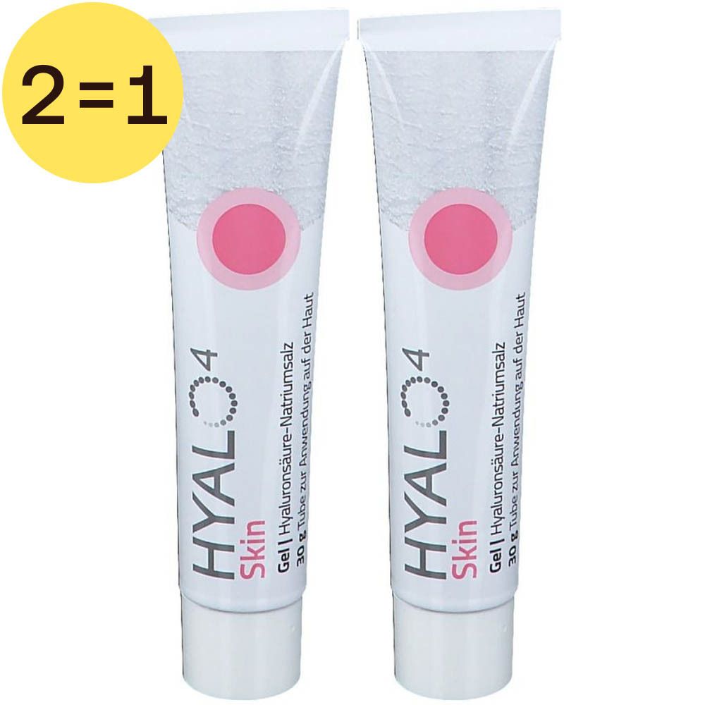 Deux tubes de gel Hyalo4 Skin. Tubes blancs avec cercle rose et texte. Gel | Hyaluronate de sodium. Autocollant 2=1.