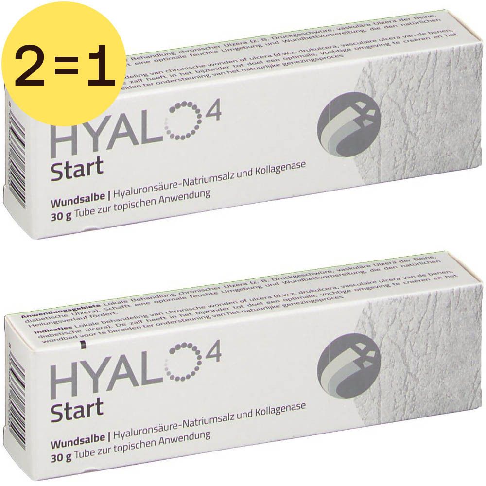 Deux tubes de HYALO4 Start, pommade pour plaies. Inscription : Hyaluronate de sodium et collagénase. Offre 2=1.