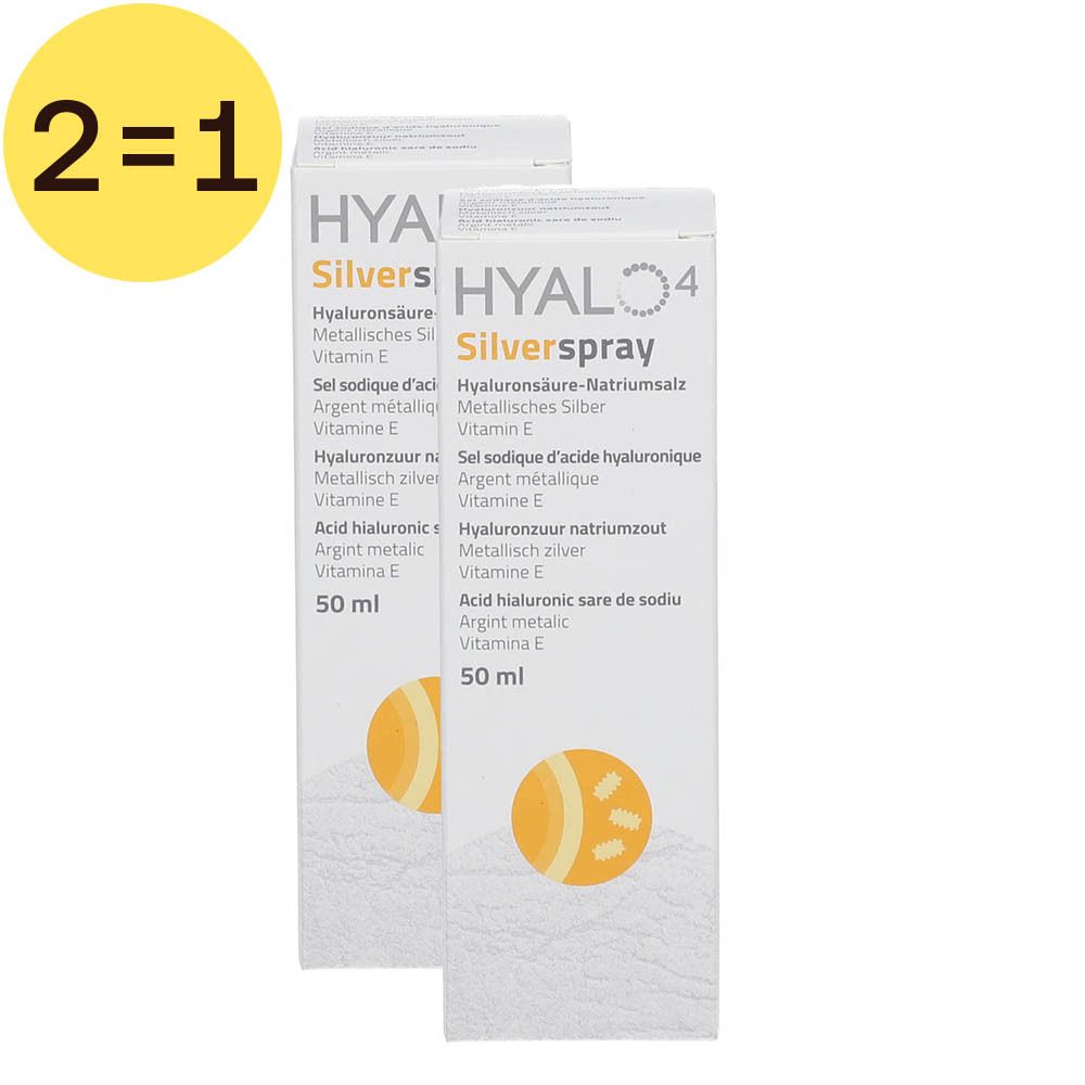 Deux boîtes HYALO4 Silverspray. Emballage blanc avec informations produit et logo jaune. "2=1".
