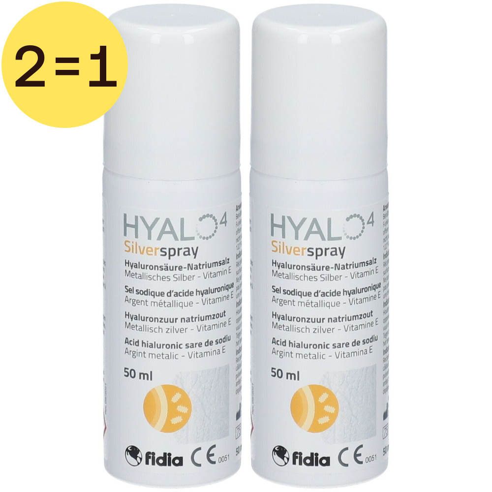Deux sprays blancs HYALO4 Silverspray. Étiquette jaune "2=1". Inscriptions en plusieurs langues.