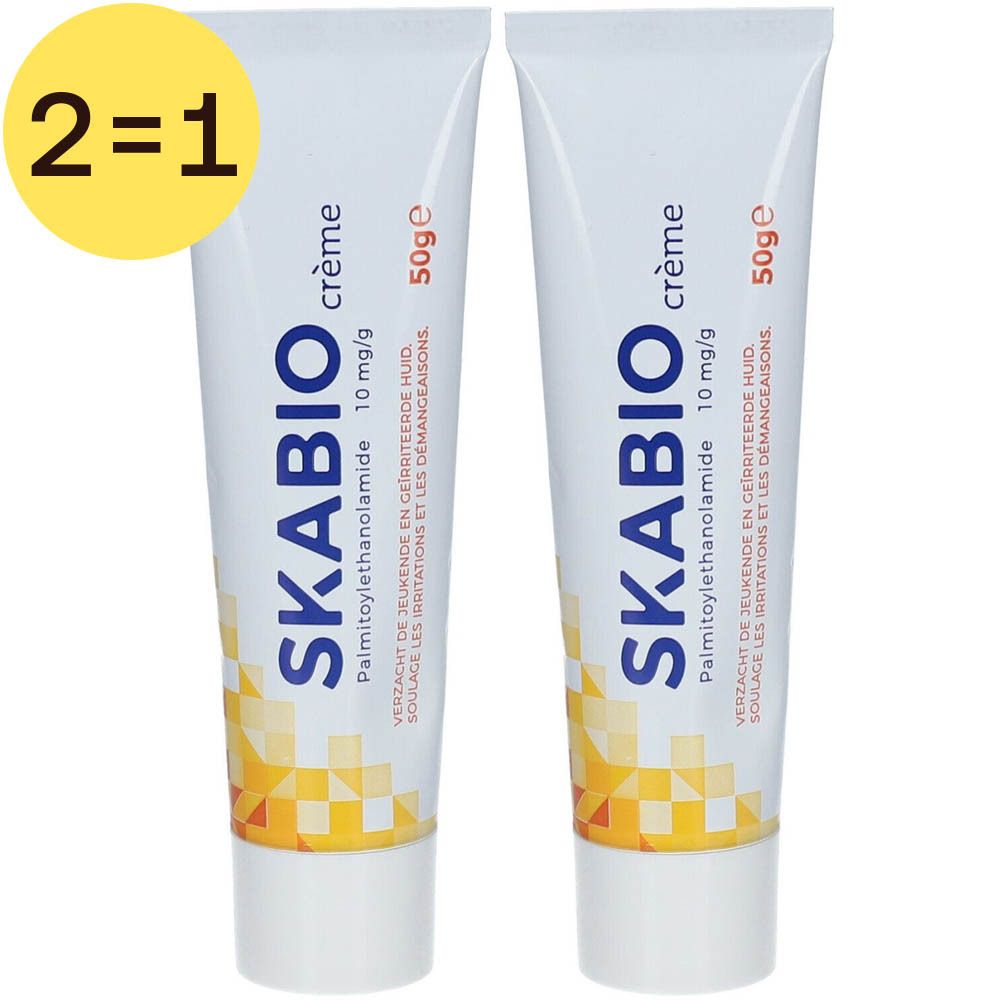 Deux tubes de crème SKABIO. Étiquette jaune 2=1. Texte : Palmitoyléthanolamide, 10 mg/g, 50g. Soulage les démangeaisons et irritations.