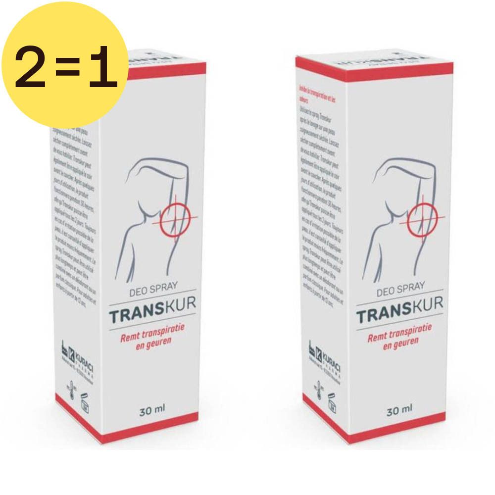 Deux boîtes blanches avec bordure rouge. Inscription: TRANSKUR Deo Spray. Illustration d'un bras avec cercle rouge. Autocollant 2=1.