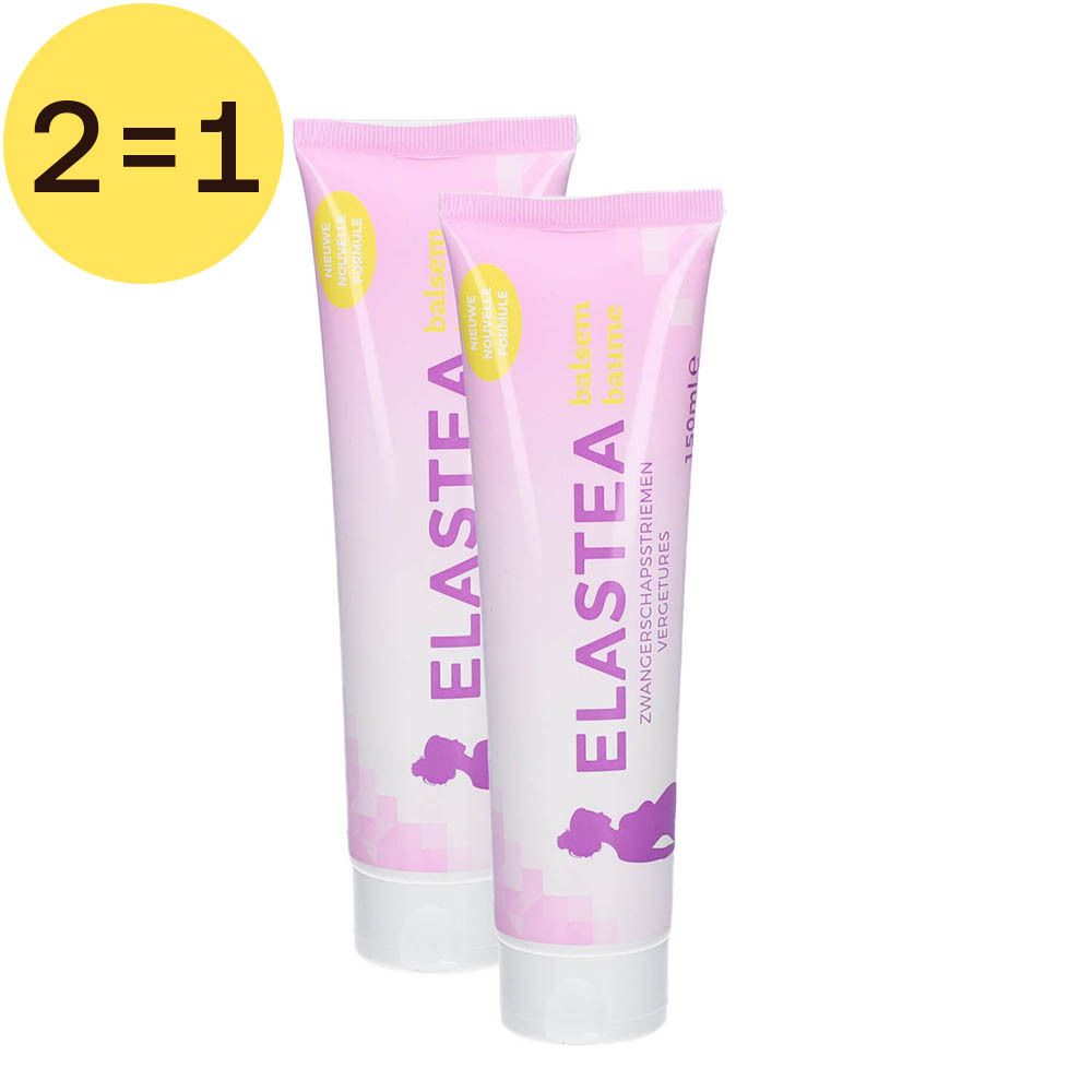 Deux tubes de crème Elastea, rose et blanc. Inscription Elastea, 2=1. Texte : Vergetures. Cercle jaune.