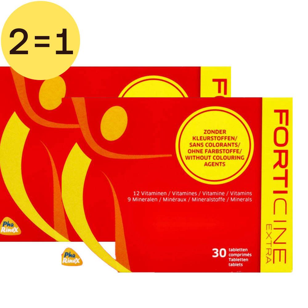 Deux boîtes rouges avec des accents jaunes. Inscription : FORTICINE EXTRA, 30 comprimés. Cercle jaune avec texte : Sans colorants. Offre 2=1.