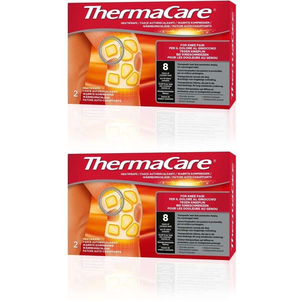 Deux boîtes de patchs chauffants pour genou ThermaCare. Emballage rouge avec illustration et texte. Offre 2 pour 1.