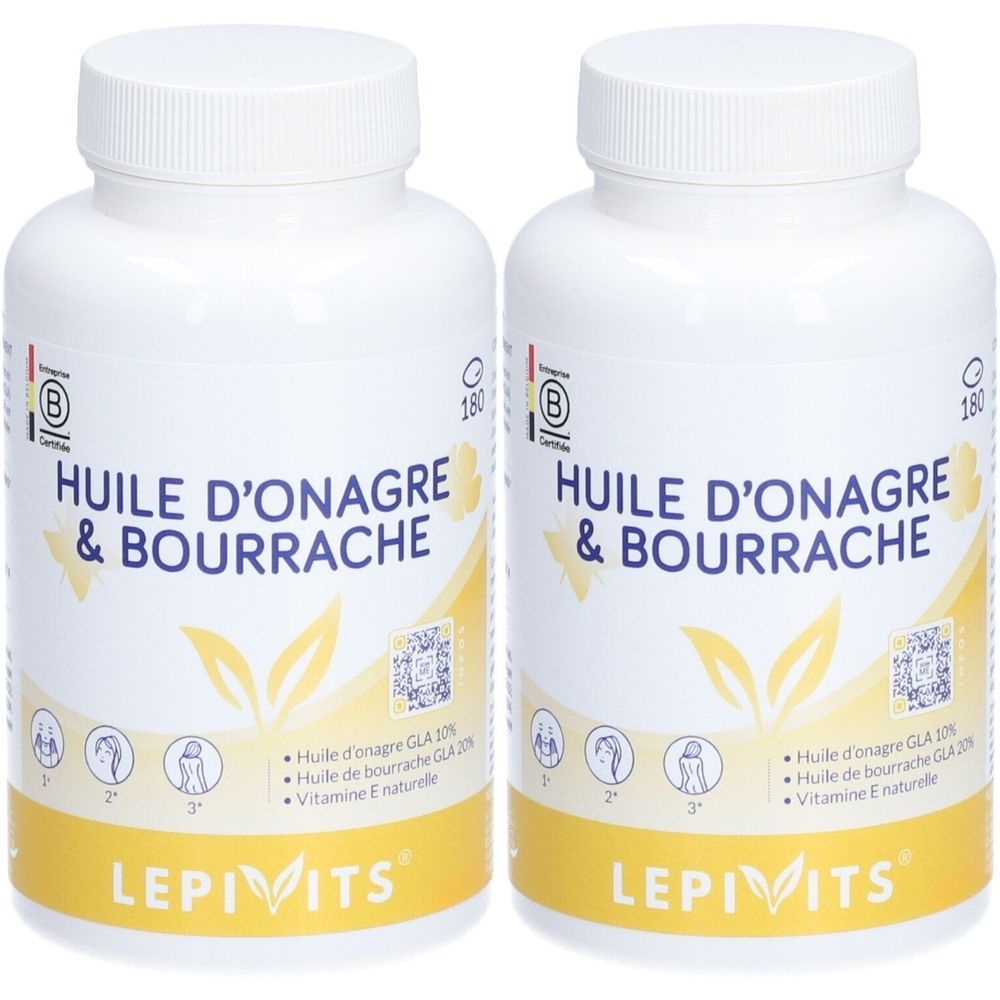 Deux flacons blancs avec bouchon à vis. Inscription: Huile d'Onagre & Bourrache. Marque: LEPIVITS. Avec certification.