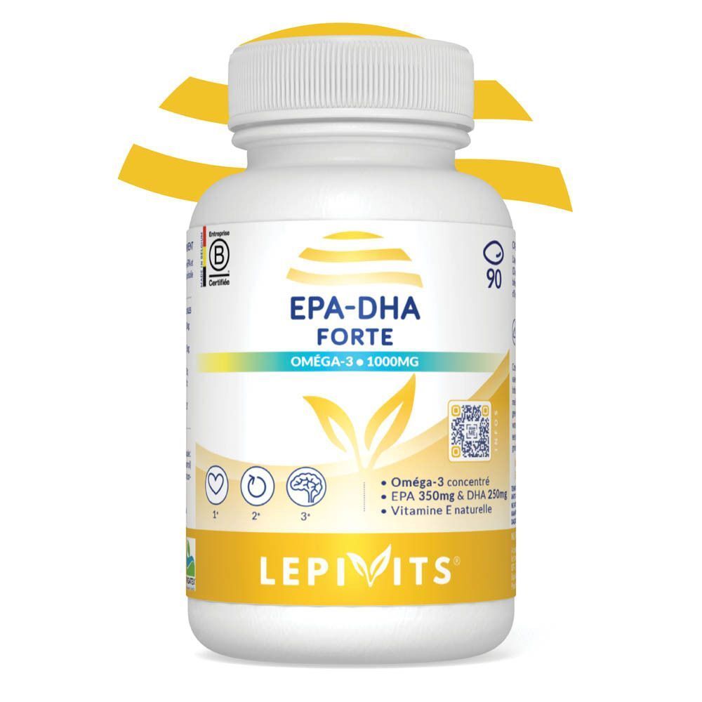Un flacon blanc LEPIVITS EPA/DHA + Forte Oméga-3 1000mg. Contient EPA 350mg et DHA 250mg.