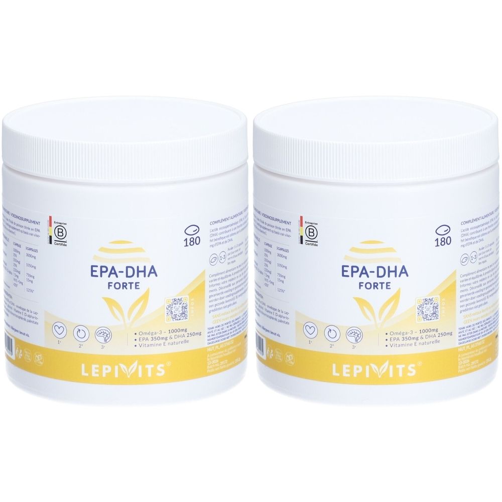 Deux boîtes blanches Lepivits EPA-DHA Forte. Étiquette jaune avec informations produit. Bouchon à vis. 180 gélules.