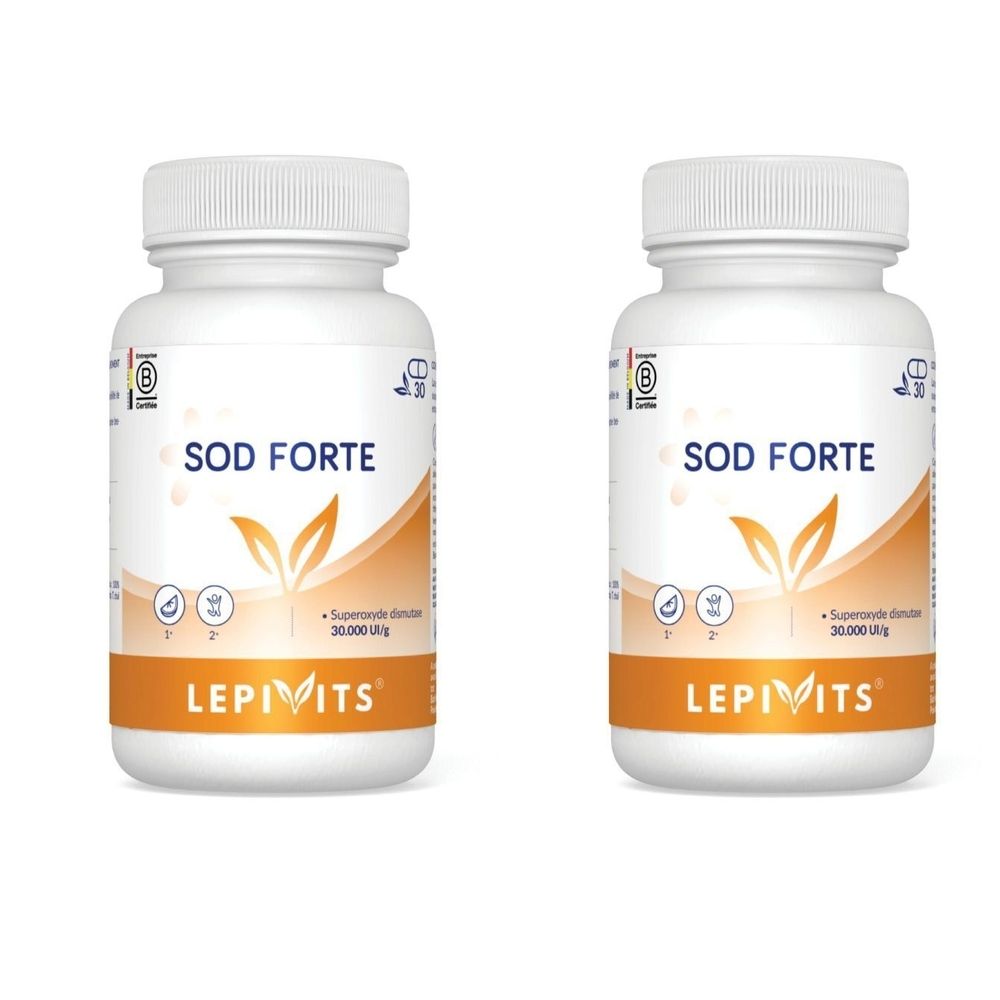 Deux flacons blancs avec l'inscription SOD FORTE et le logo LEPIVITS. Bande orange avec informations produit. Bouchons et flacons en plastique.