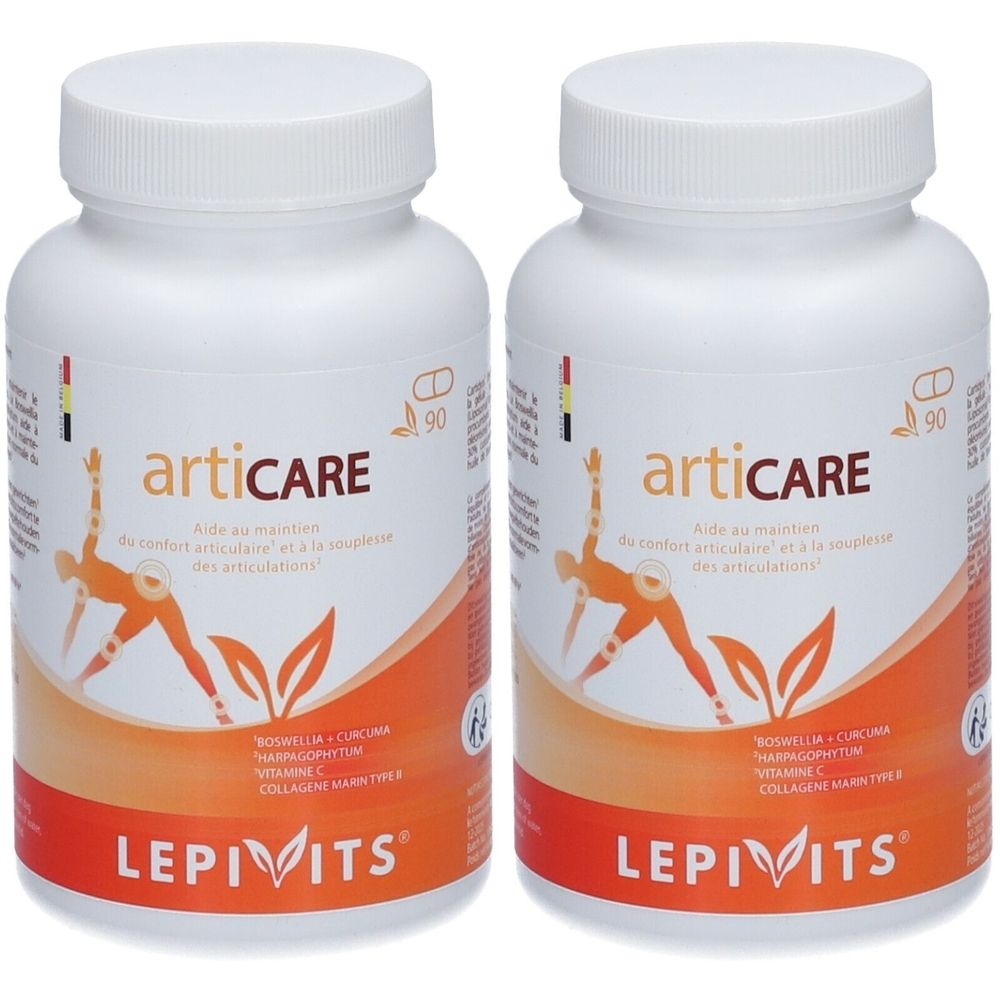 Deux flacons blancs avec étiquette "artiCARE". Inscription "LEPIVITS". Graphique orange d'une personne.