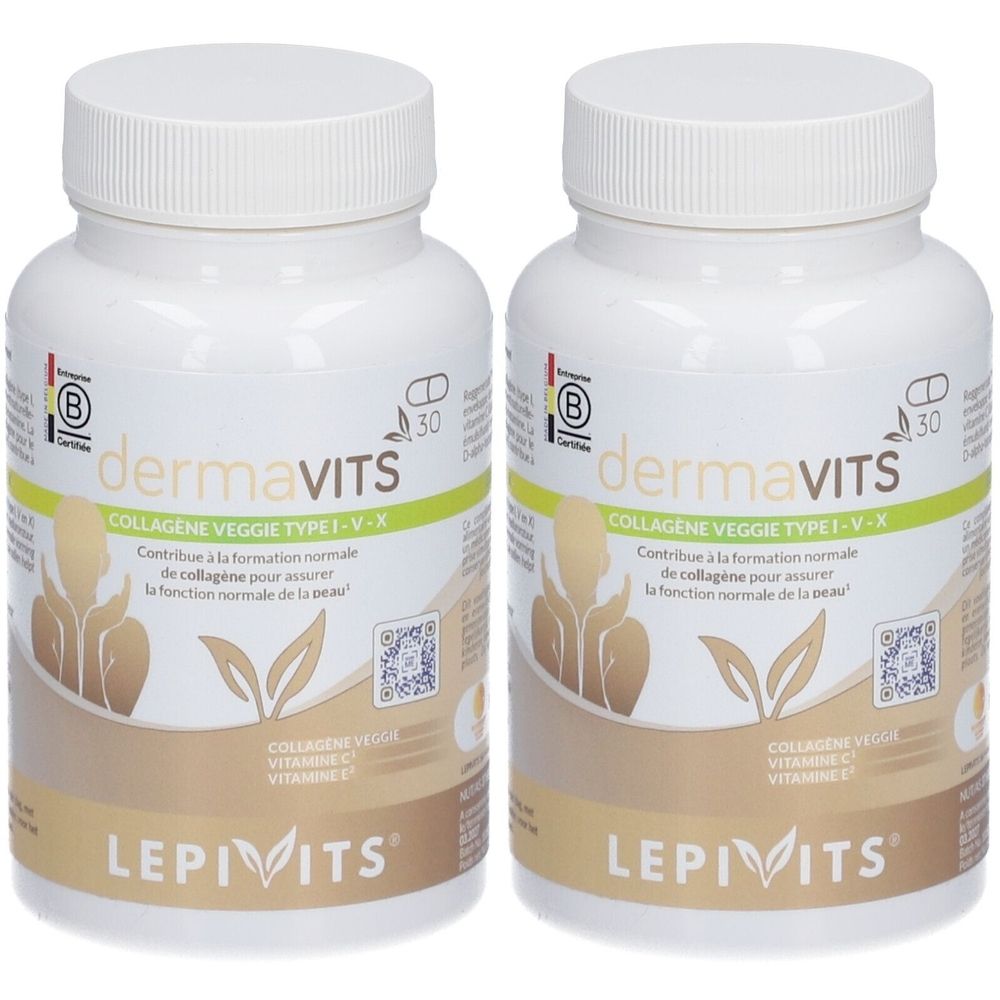 Deux flacons blancs de gélules. Inscription: dermavits, LEPIVITS. Logo de certification et code QR.