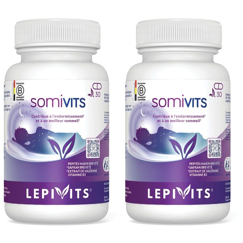Deux flacons blancs de somivits. Inscriptions: LEPIVITS, certifications, QR codes. Capsules visibles.