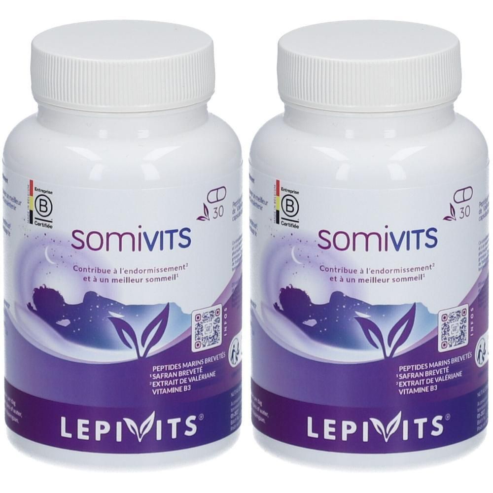 Deux flacons blancs de somivits. Inscriptions: LEPIVITS, certifications, QR codes. Capsules visibles.