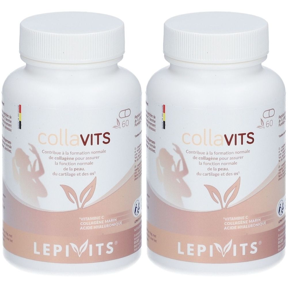Deux flacons blancs avec bouchon à vis. Inscription : collaVITS, LEPIVITS. Contient de la vitamine C, du collagène et de l'acide hyaluronique. 60 gélules.