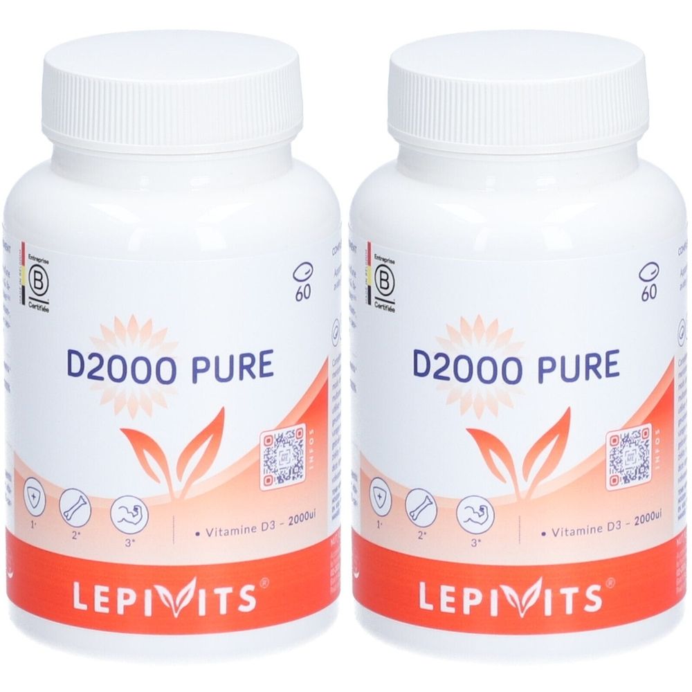 Deux flacons blancs avec bouchons à vis. Inscription: D2000 PURE, LEPIVITS. Bande orange en bas. 60 gélules.