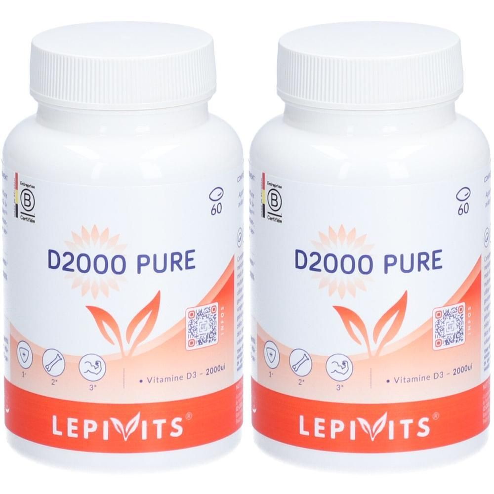 Deux flacons blancs avec bouchons à vis. Inscription: D2000 PURE, LEPIVITS. Bande orange en bas. 60 gélules.