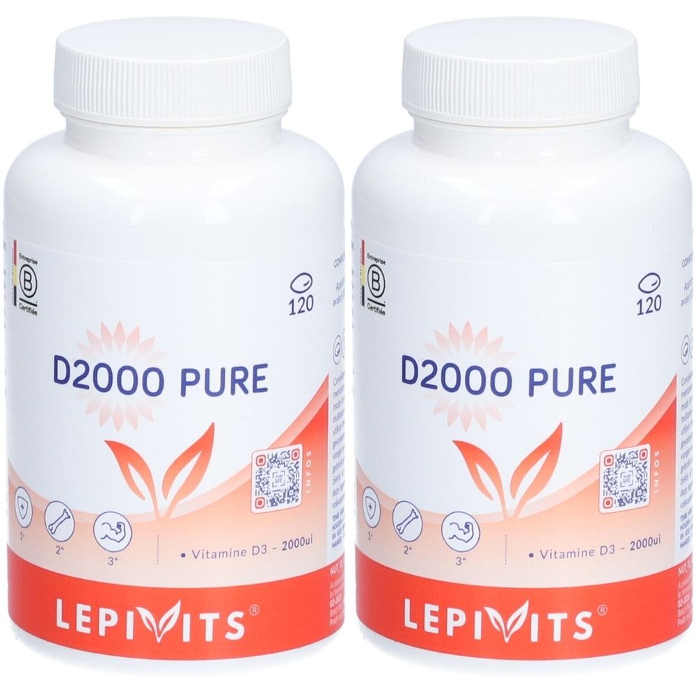 Deux flacons blancs avec étiquettes. Inscription: D2000 PURE, LEPIVITS. Contient de la vitamine D3.