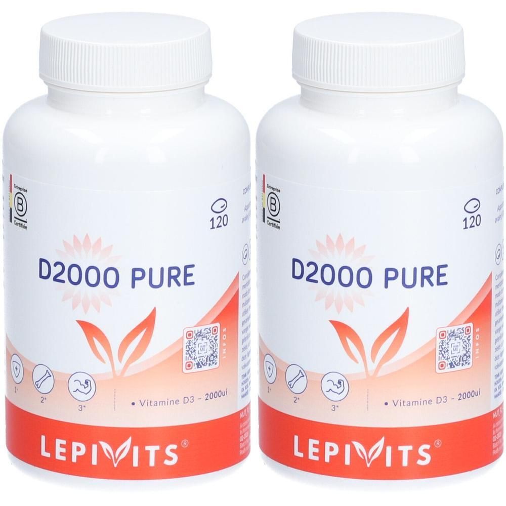 Deux flacons blancs avec étiquettes. Inscription: D2000 PURE, LEPIVITS. Contient de la vitamine D3.