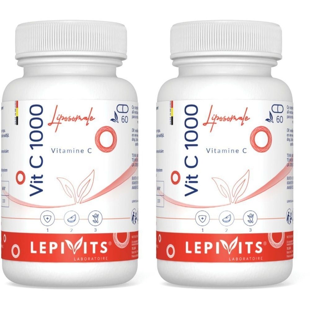 Deux flacons blancs avec étiquettes. Inscription : Vit C 1000 Liposomale, Vitamine C. Marque : LEPIVITS.