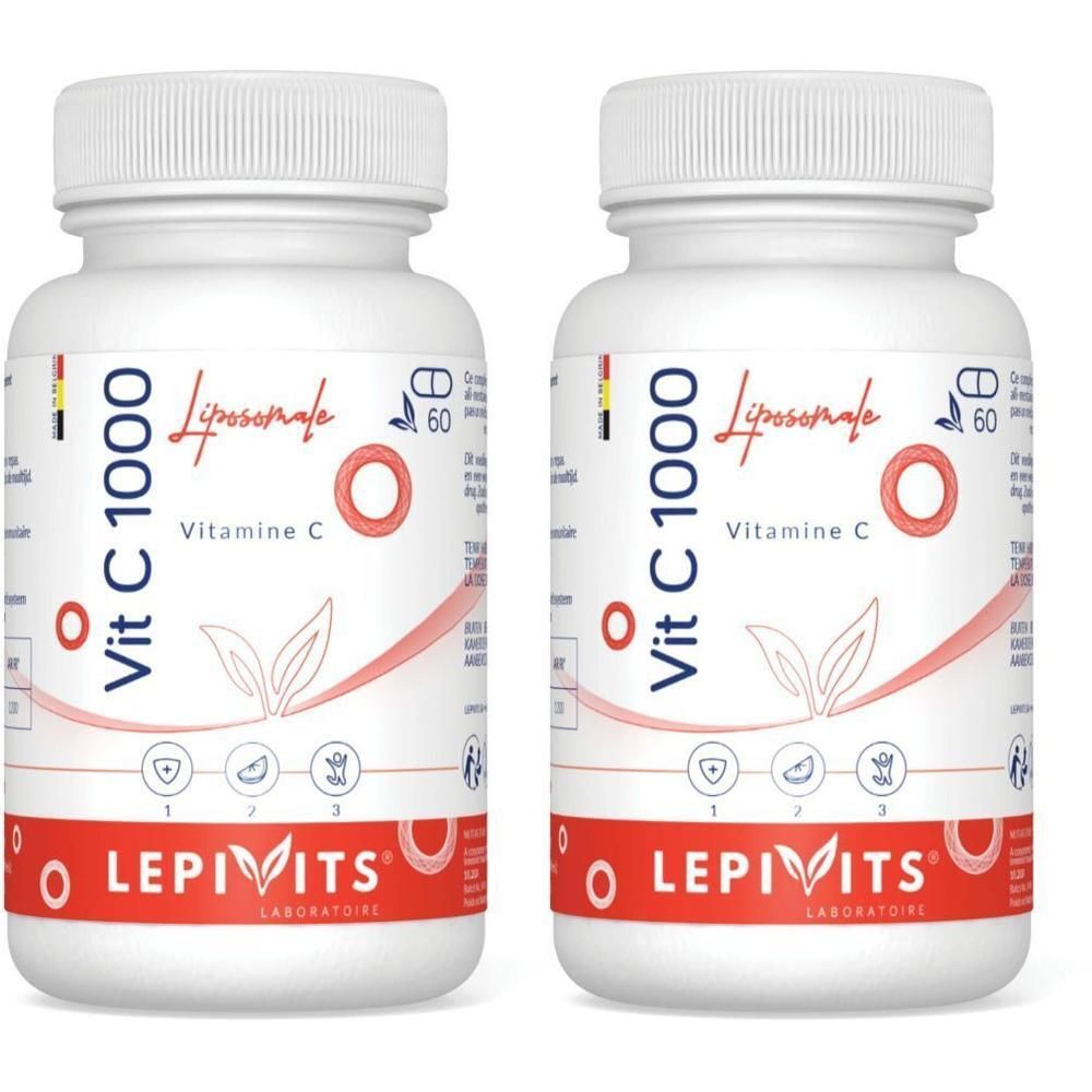 Deux flacons blancs avec étiquettes. Inscription : Vit C 1000 Liposomale, Vitamine C. Marque : LEPIVITS.