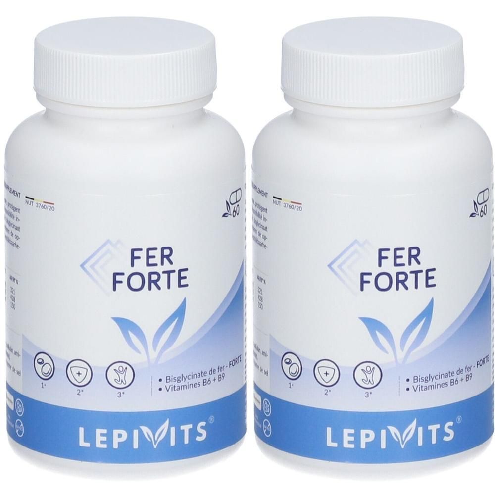 Deux flacons blancs avec étiquette bleue. Inscription FER FORTE et LEPIVITS. Contient des vitamines B6 + B9.